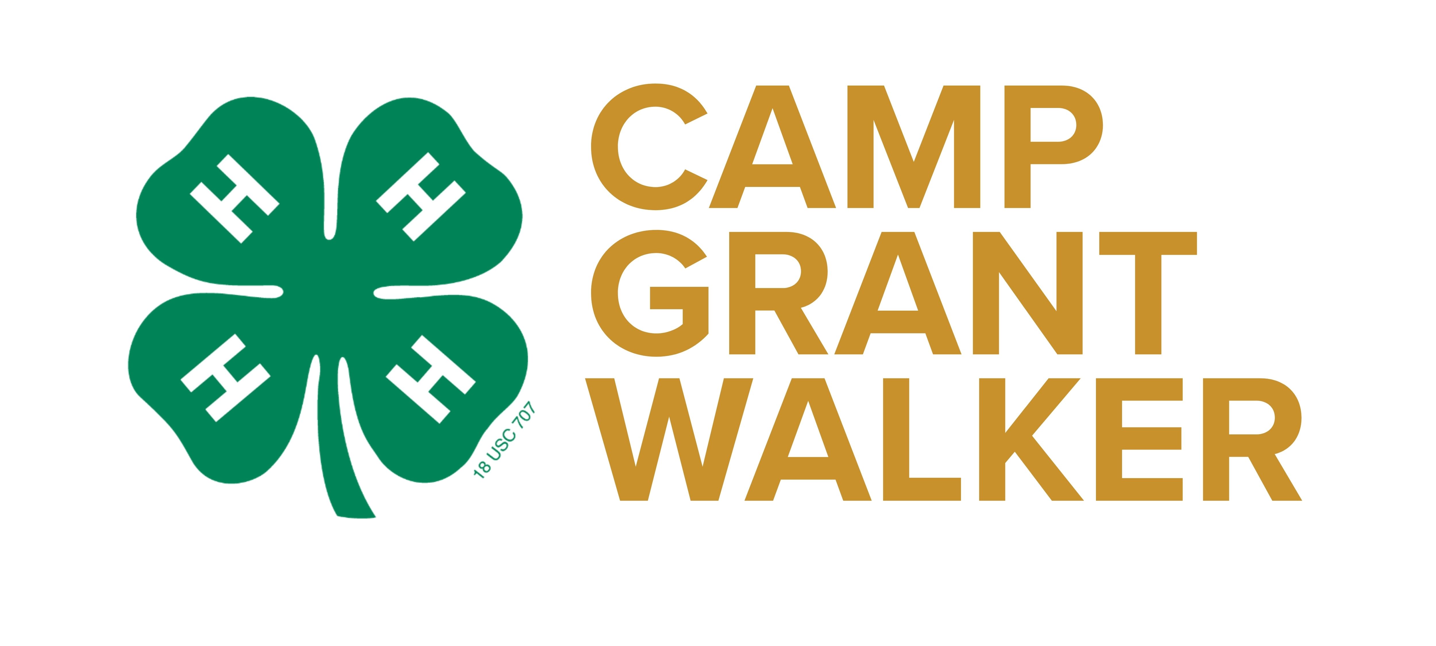 Promotional graphic for 4-H Camp Grant Walker with a large green 4-H clover and the text “Camp Grant Walker” in gold lettering.